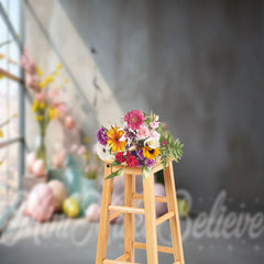 Lofaris Cement Wall Colorful Floral Eggs Easter Backdrop