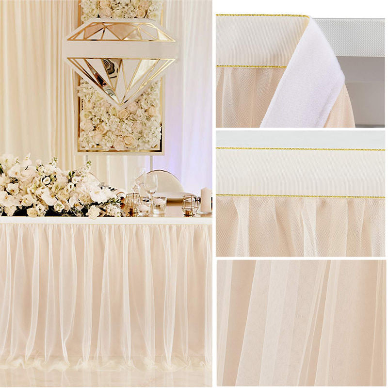 Lofaris Champagne Rectangle Tulle Ruffle Banquet Table Skirt
