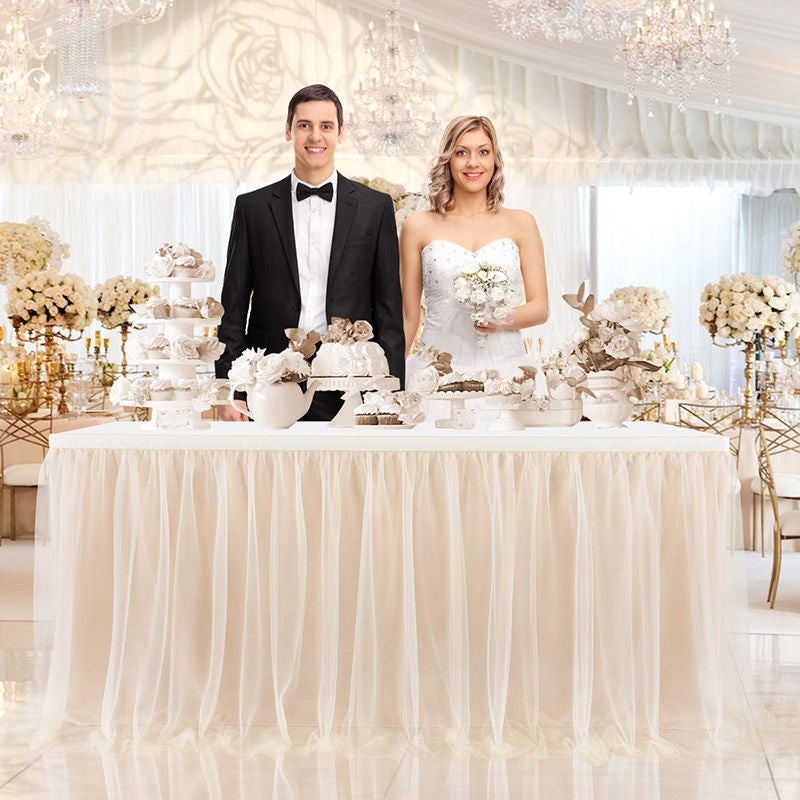 Lofaris Champagne Rectangle Tulle Ruffle Banquet Table Skirt