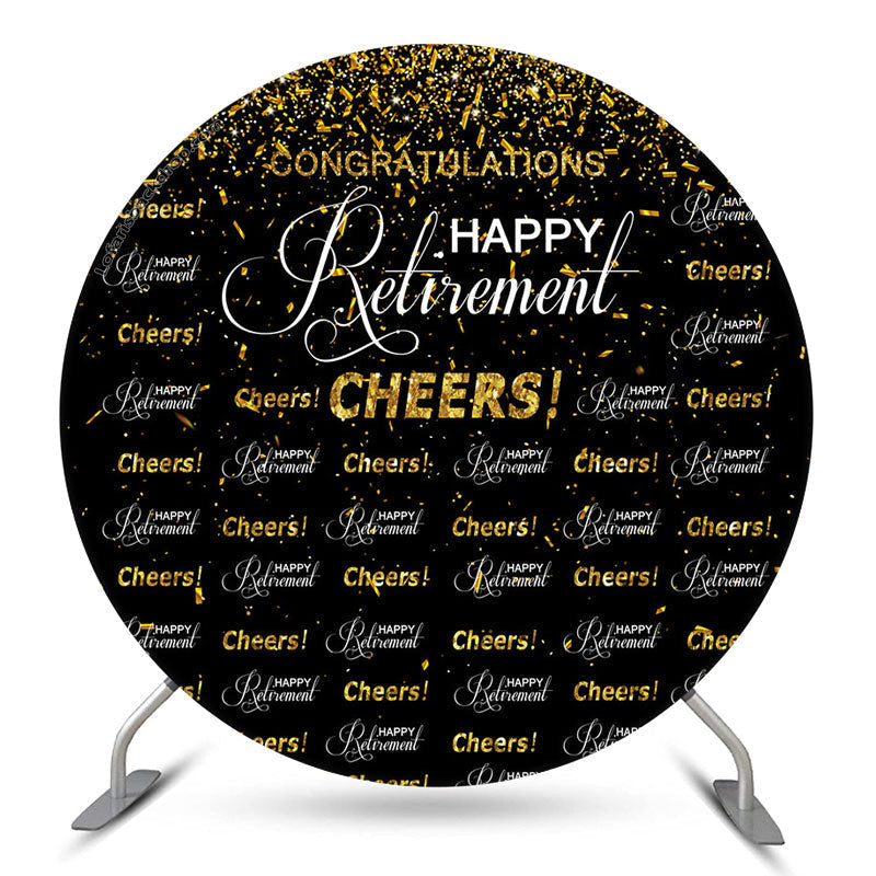 Lofaris Cheers Gold Glitter Black Circle Retirement Backdrop