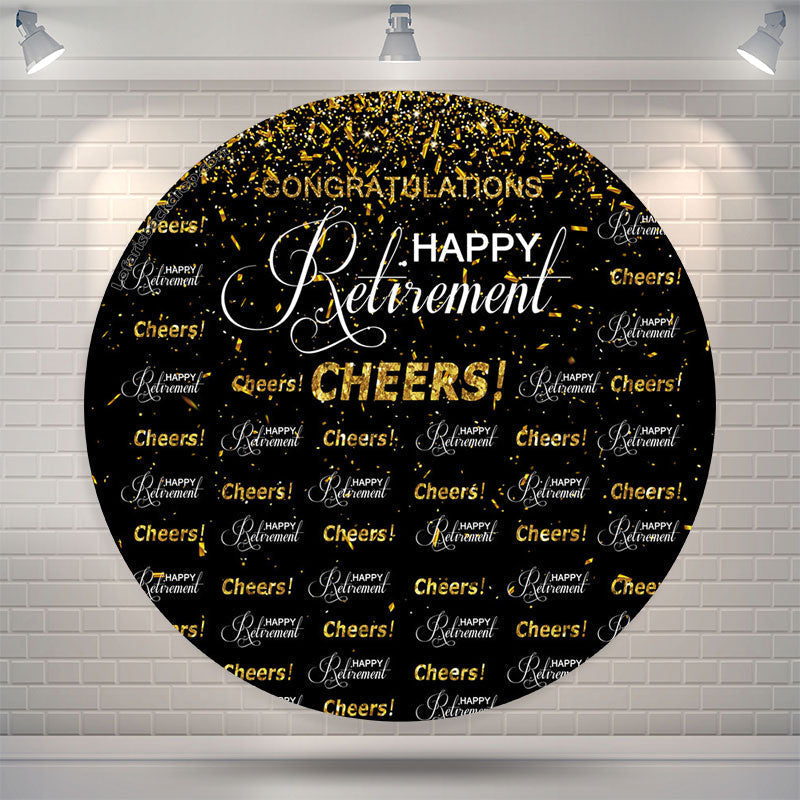 Lofaris Cheers Gold Glitter Black Circle Retirement Backdrop