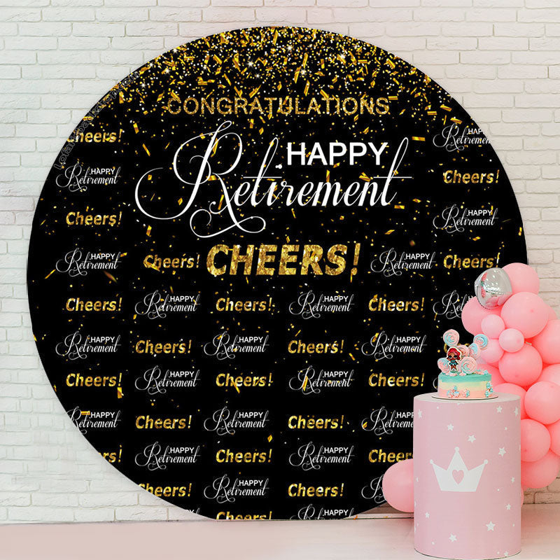 Lofaris Cheers Gold Glitter Black Circle Retirement Backdrop