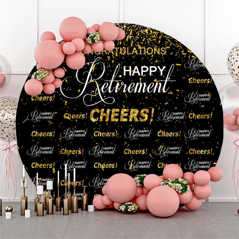 Lofaris Cheers Gold Glitter Black Circle Retirement Backdrop