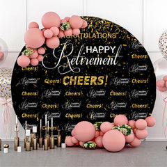 Lofaris Cheers Gold Glitter Black Circle Retirement Backdrop