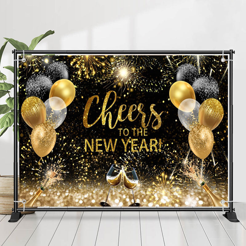 Lofaris Cheers Sparkle Gold Black Balloon New Year Backdrop
