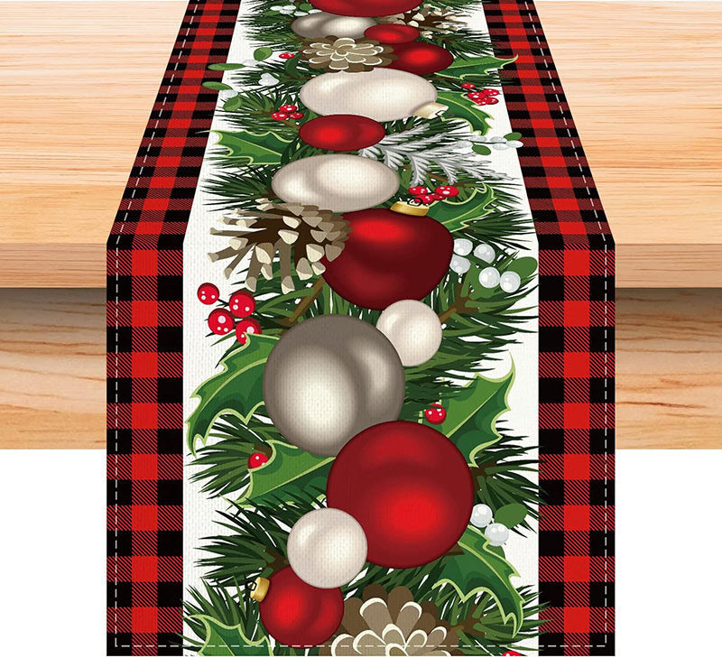 Lofaris Cherry Christmas Ball Checkered Leaves Table Runner