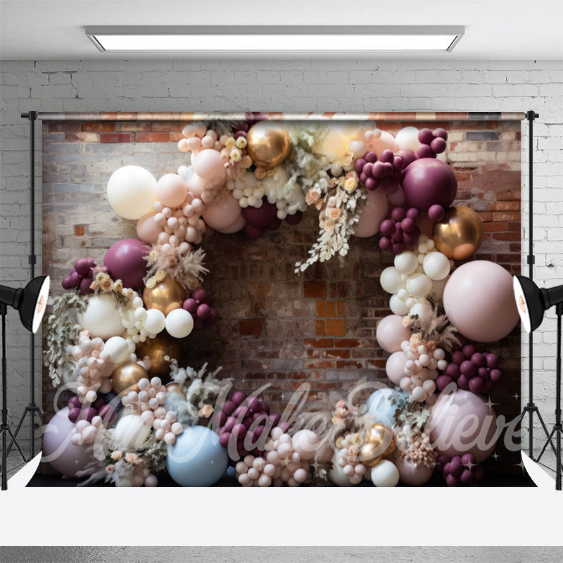 Lofaris Chic Floral Balloons Arch Brick Retro Wall Backdrop