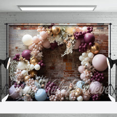 Lofaris Chic Floral Balloons Arch Brick Retro Wall Backdrop