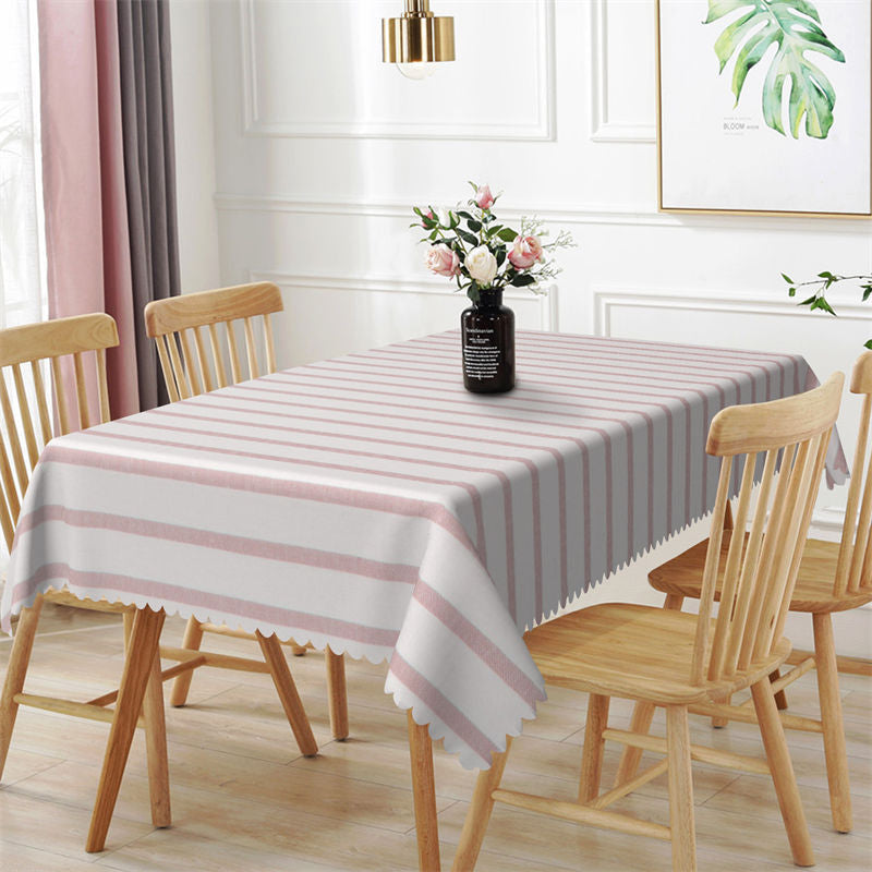 Lofaris Chic White And Pink Horizontal Stripes Tablecloth