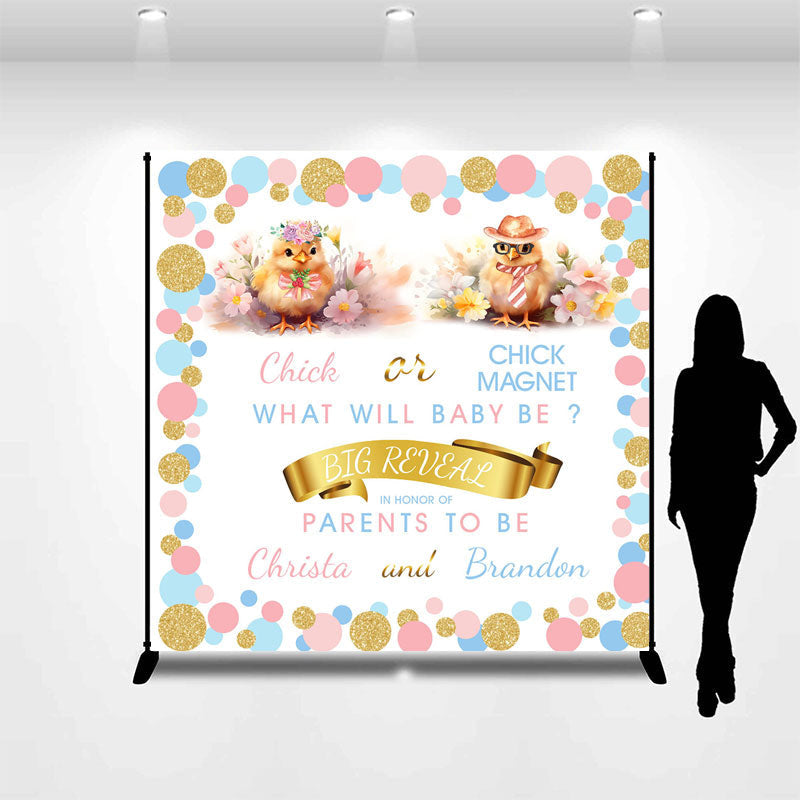 Lofaris Chicken Blue Pink Gold Dots Custom Baby Shower Backdrop