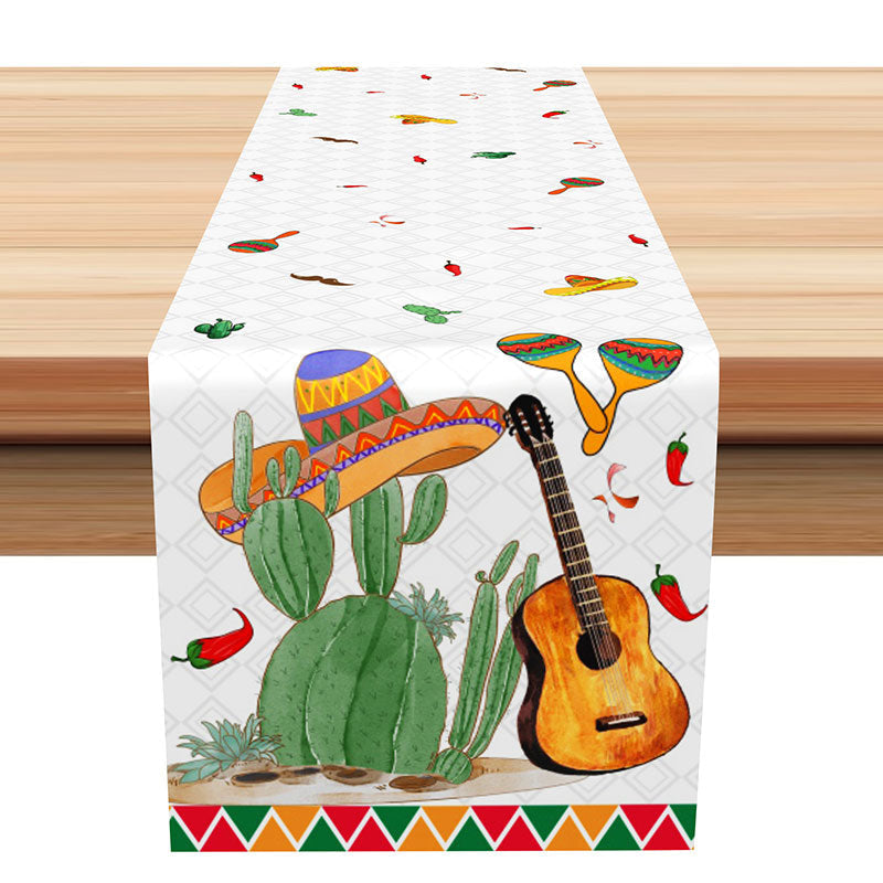 Lofaris Chili Cactus Hat Guitar Mexican Fiesta Table Runner