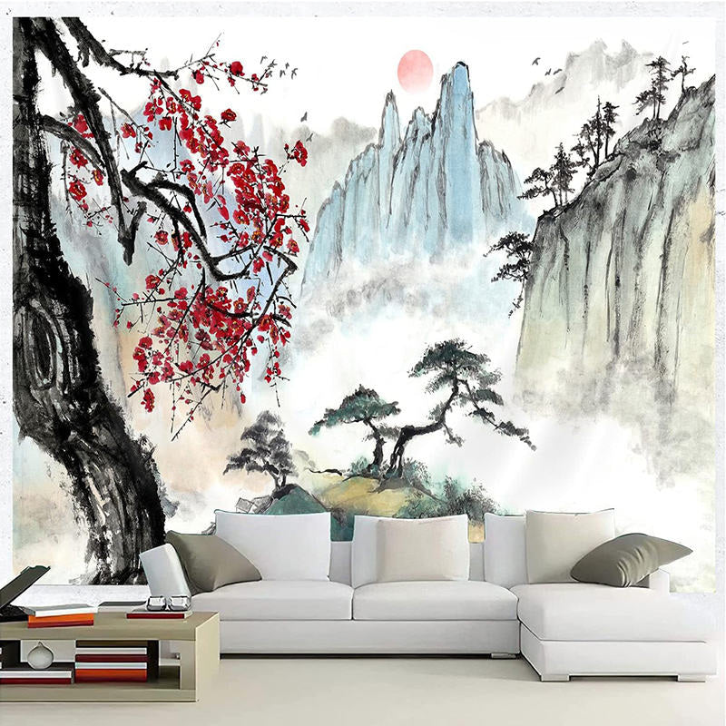 Lofaris Chinese Ink Painting Mountain Pine Trees Tapestry