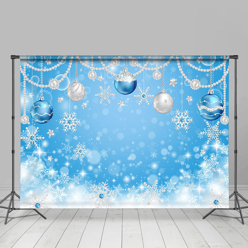 Lofaris Christmas Ball Pearl Bokeh Snowflake Blue Backdrop