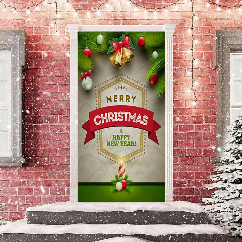 Lofaris Christmas Bells And Balls Green Plants Door Cover