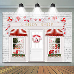 Lofaris Christmas Candy Shop White Red Backdrop For Photo