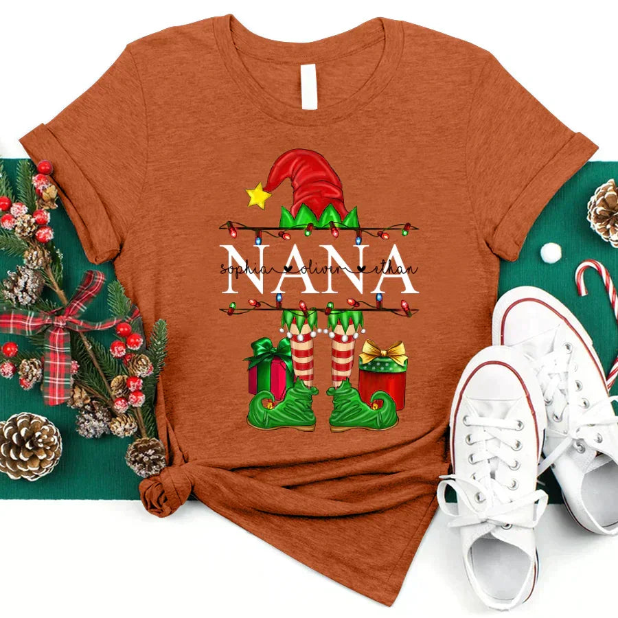Lofaris Christmas Elf Grandkids Personalized Name T-Shirt