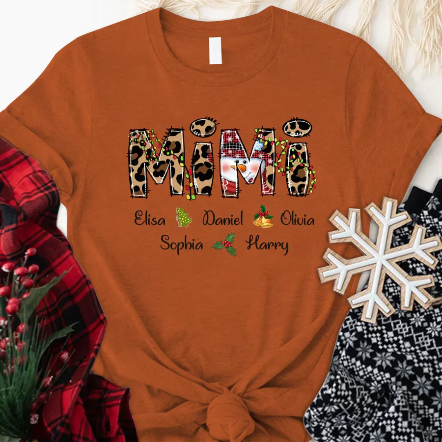 Lofaris Christmas Leopard Snowman Mimi Custom Name T-Shirt