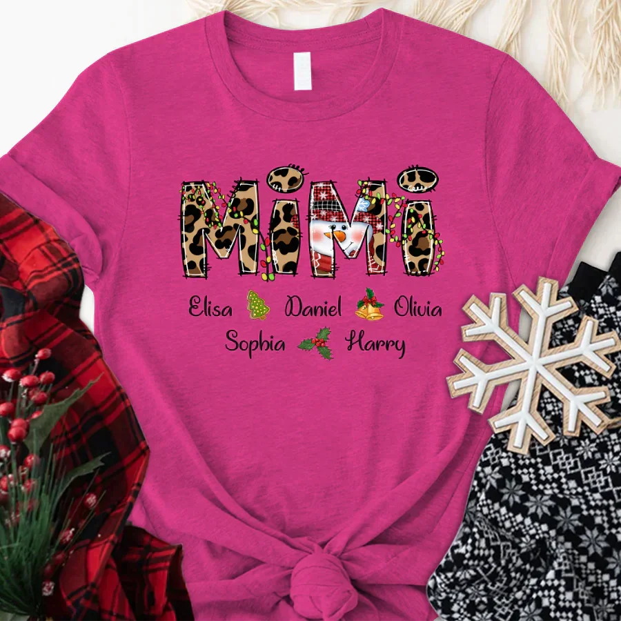 Lofaris Christmas Leopard Snowman Mimi Custom Name T-Shirt