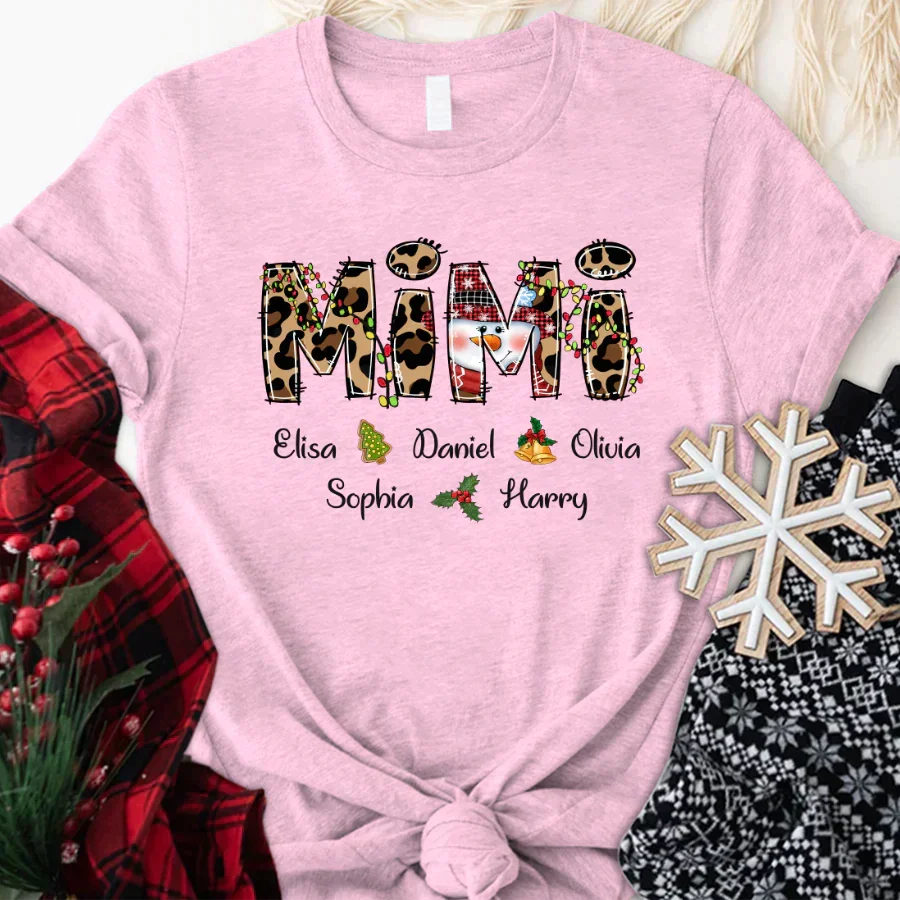 Lofaris Christmas Leopard Snowman Mimi Custom Name T-Shirt