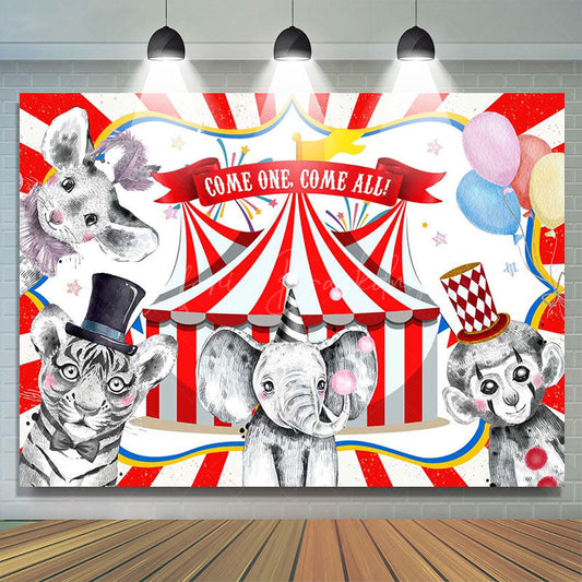 Lofaris Circus Animal Show Red White Stripe Birthday Backdrop