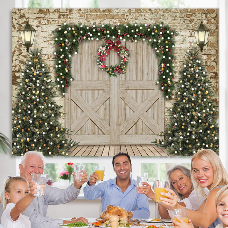 Lofaris Christmas Tree and Wooden Door Party Backdrop