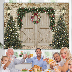 Lofaris Christmas Tree and Wooden Door Party Backdrop