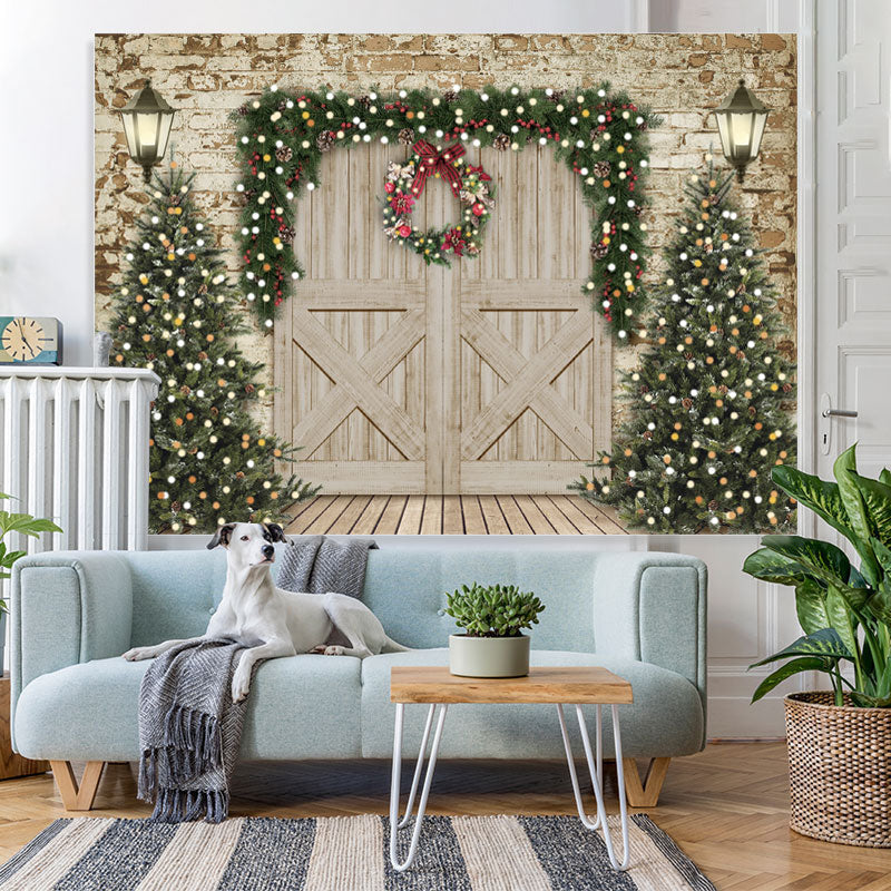 Lofaris Christmas Tree and Wooden Door Party Backdrop