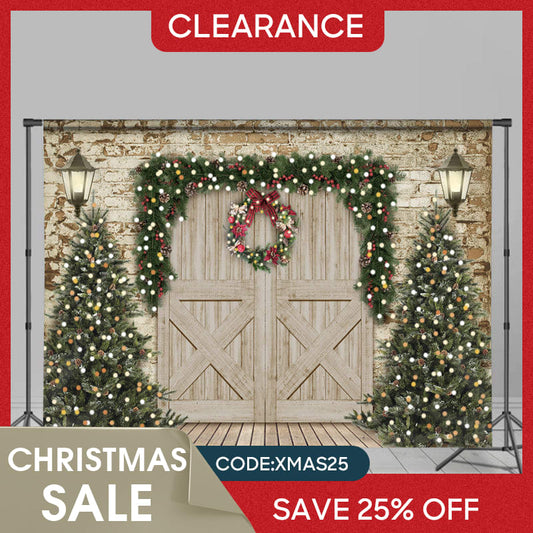 (Ship In 24HR) Christmas Tree and Wooden Door Christmas Party Backdrop