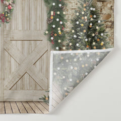 Lofaris Christmas Tree and Wooden Door Party Backdrop
