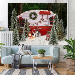Lofaris Snow Forest Merry Christmas Tree Red Bus Scene Party Backdrop