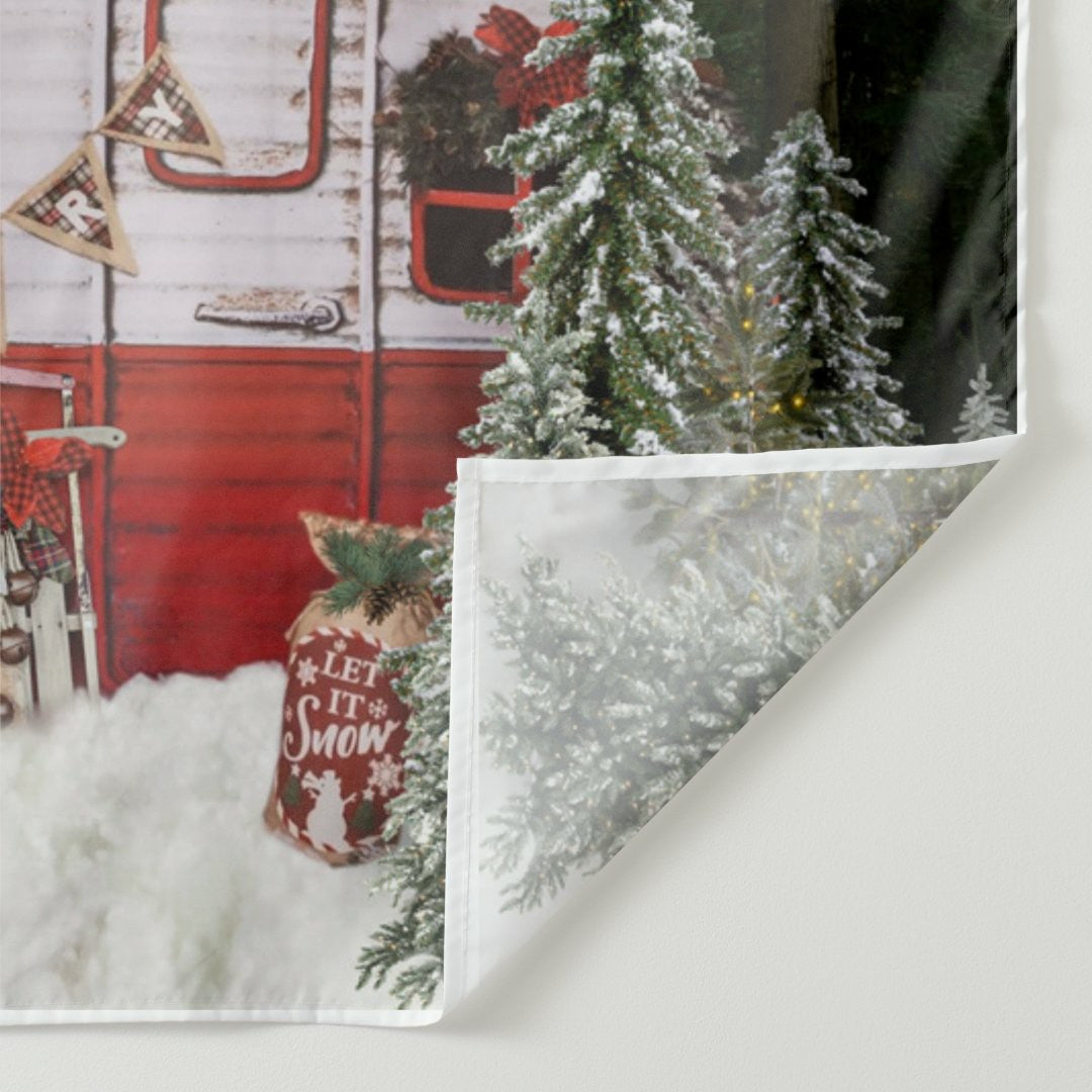 Lofaris Snow Forest Merry Christmas Tree Red Bus Scene Party Backdrop