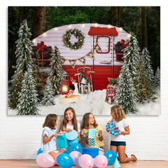Lofaris Snow Forest Merry Christmas Tree Red Bus Scene Party Backdrop