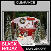(Ship In 24HR) Snow Forest Merry Christmas Tree Red Bus Scene Party Backdrop