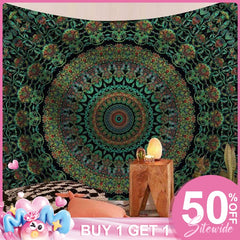 (Ship In 24HR) Dark Green Mandala Trippy Room Decoration Wall Tapestry