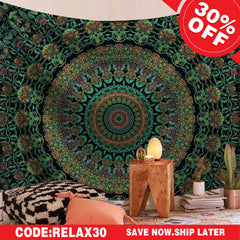 (Ship In 24HR) Dark Green Mandala Trippy Room Decoration Wall Tapestry