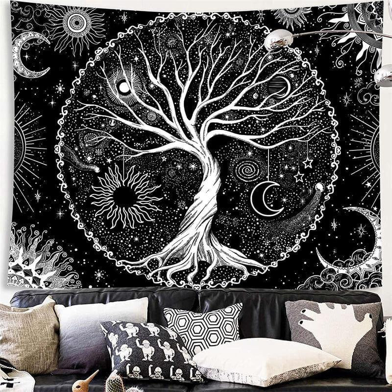 Lofaris (Clearance | Ship In 24HR) Tree of Life Black And White Moon Galaxy Wall Tapestry
