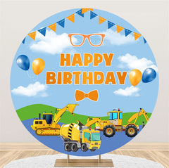 Lofaris Cloud Flag Balloons Trucks Round Birthday Backdrop