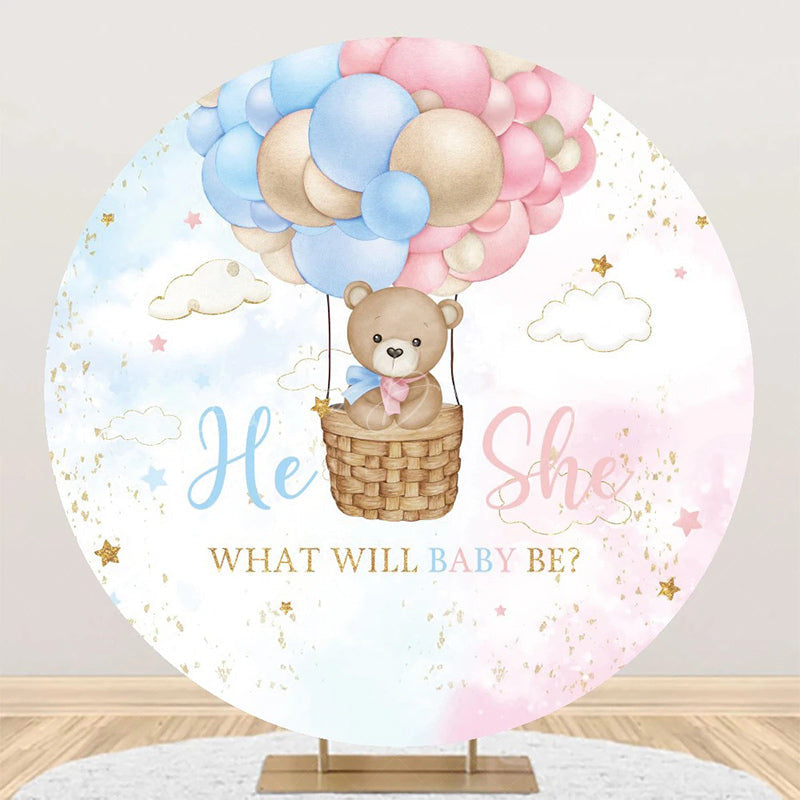 Lofaris Clould Hot Balloon Bear Round Gender Reveal Backdrop