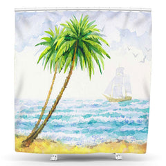 Lofaris Coconut Tree Seawave Boat Watercolor Shower Curtain
