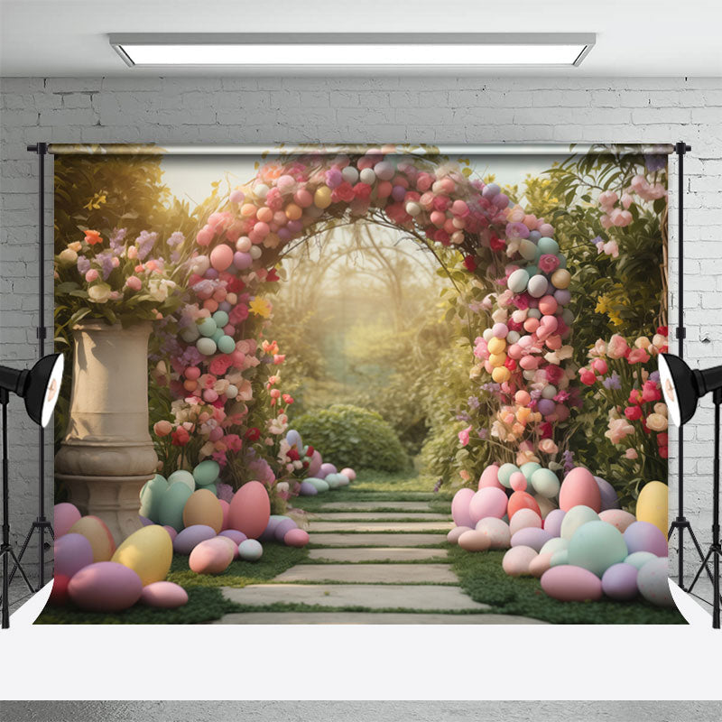 Lofaris Colored Eggs Flower Arch Door Grass Easter Backdrop