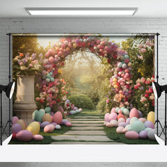 Lofaris Colored Eggs Flower Arch Door Grass Easter Backdrop
