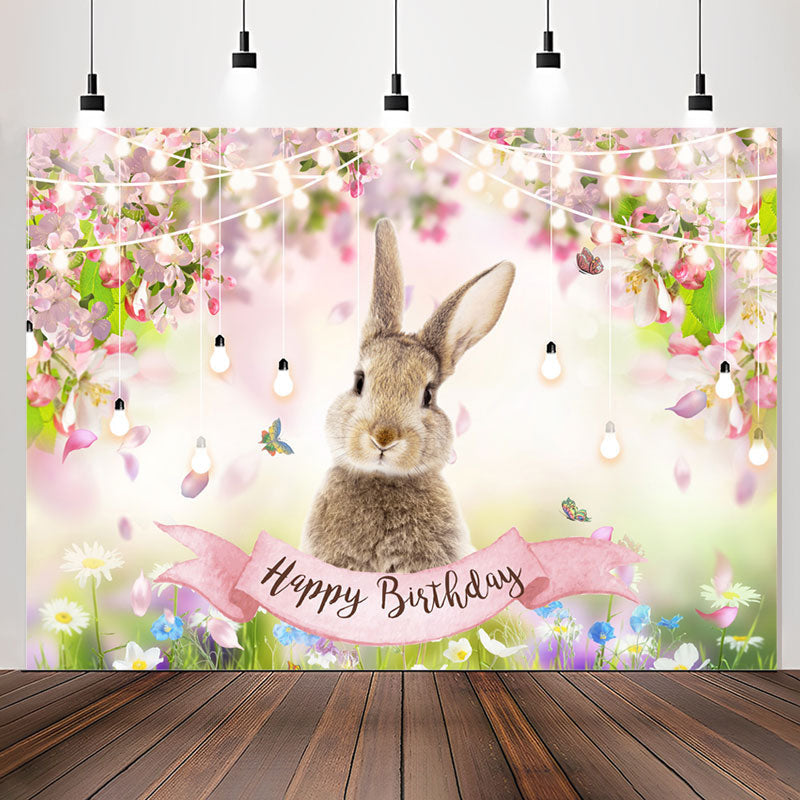 Lofaris Colored Floral Rabbit Bokeh Happy Birthday Backdrop