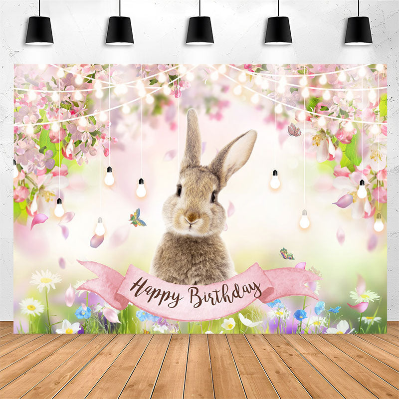 Lofaris Colored Floral Rabbit Bokeh Happy Birthday Backdrop