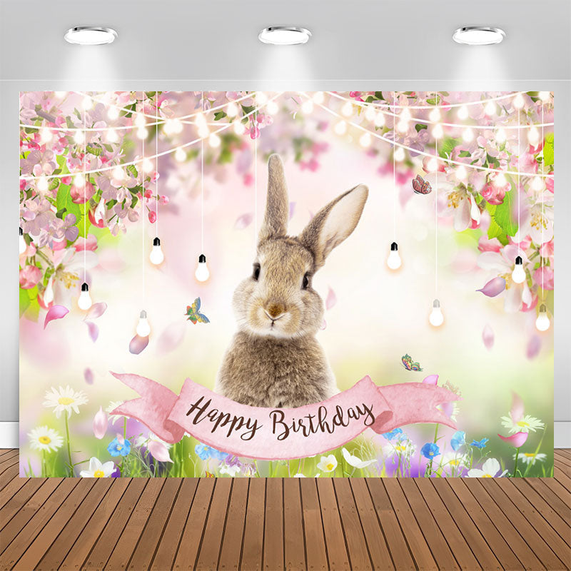 Lofaris Colored Floral Rabbit Bokeh Happy Birthday Backdrop