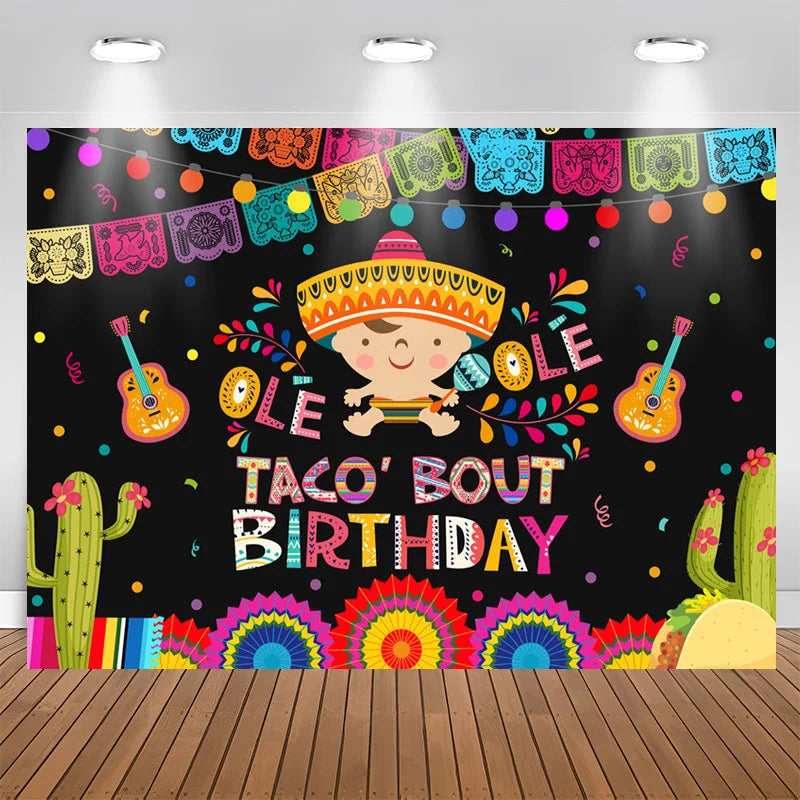 Lofaris Colored Mexican Fiesta Taco Bout Birthday Backdrop