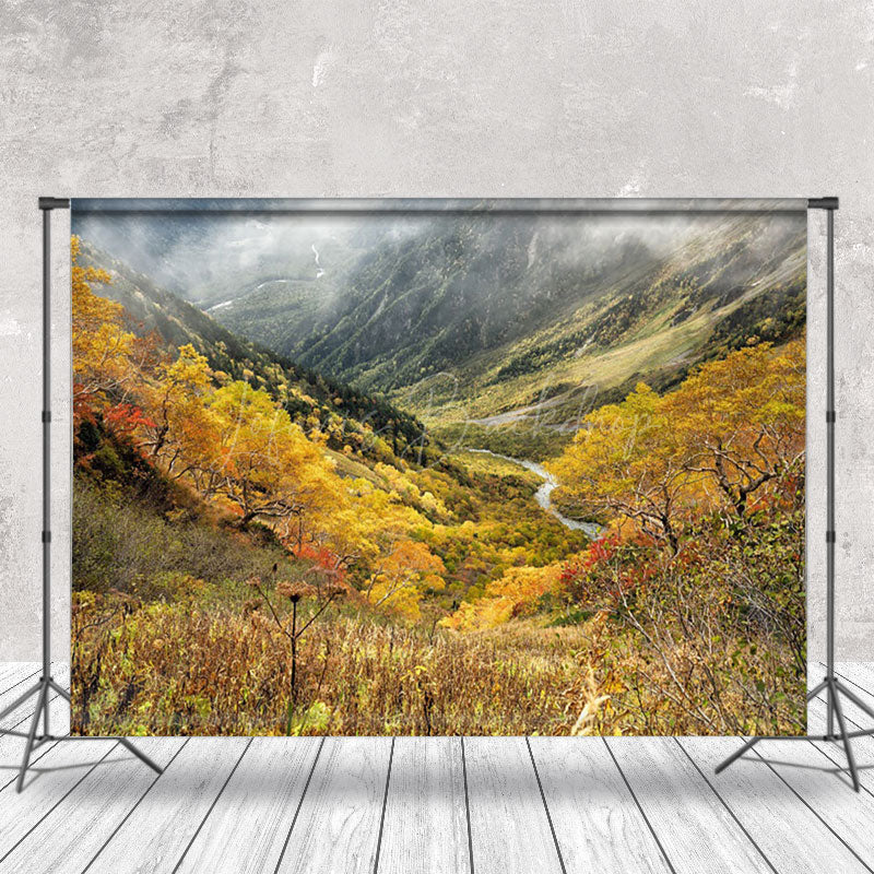 Lofaris Colorful Autumn Valley Shrouded In Mist Backdrop