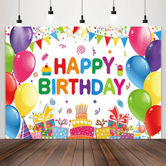Lofaris Colorful Balloons Gift Cake White Birthday Backdrop