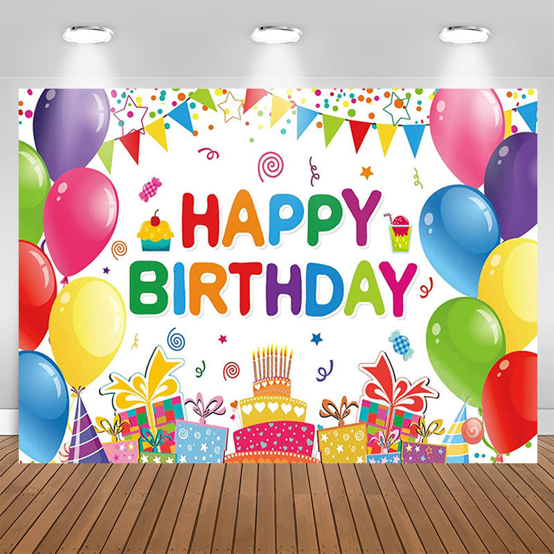 Lofaris Colorful Balloons Gift Cake White Birthday Backdrop