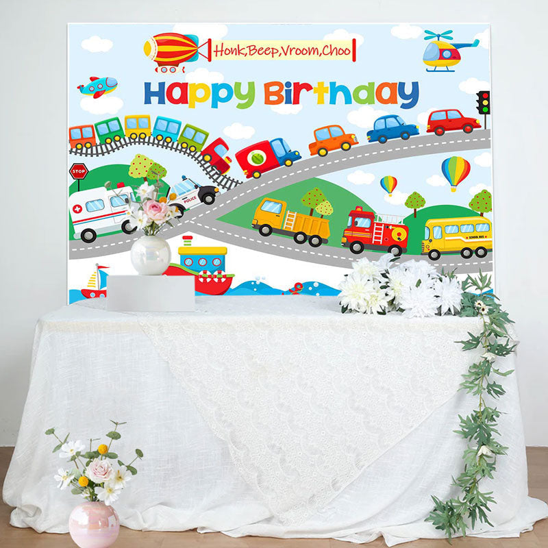 Lofaris Colorful Cars Shipping Road Happy Birthday Backdrop