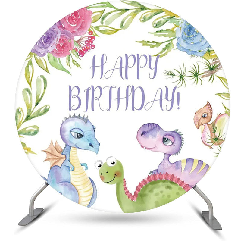 Lofaris Colorful Dinosaurs Floral Round Birthday Backdrop